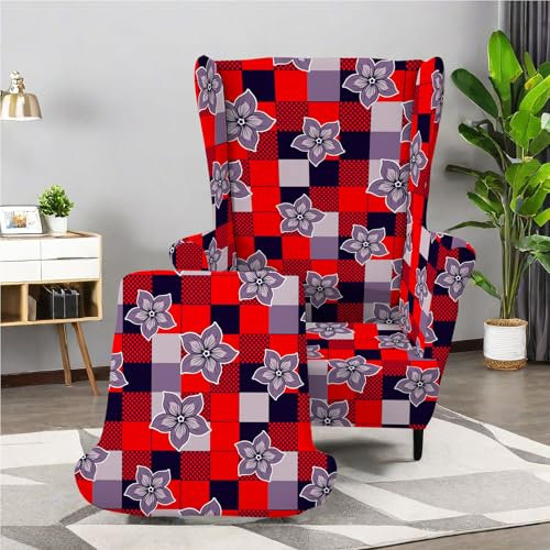 Chickwin 2-Teiliges Set Stretch Waschbarer Ohrensessel Überzug, Moderner Stil Sesselbezug, Mode Sessel Überzug für Wohnzimmer Schlafzimmer (Rot Kariert)