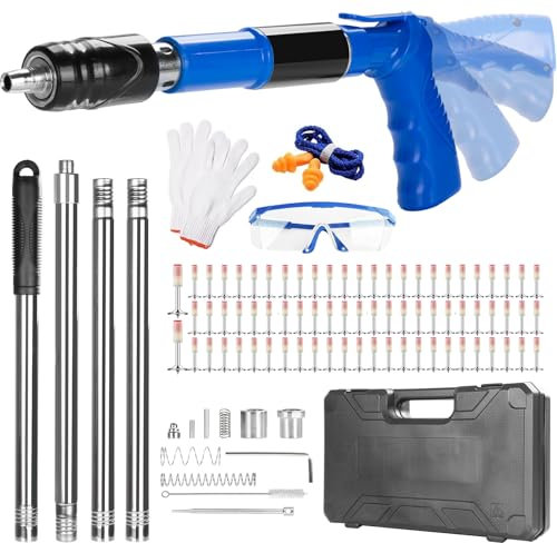 Pistola de Clavos Para Hormigon Giratoria con 120 Clavos, 1.6m Poste Extensible, Pistola de Clavos de Acero Ajustable de 5 Velocidades, Pistola Portátil de Cemento para Paredes Herramienta Fijación