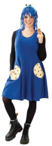 KarnevalsTeufel Kostüm Outfit Keks Krümel oder Kuschel für Erwachsene Buntes Monster Kleid für Erwachsene - Lustige Kleider mit Haarreif in blau oder rot, knielang