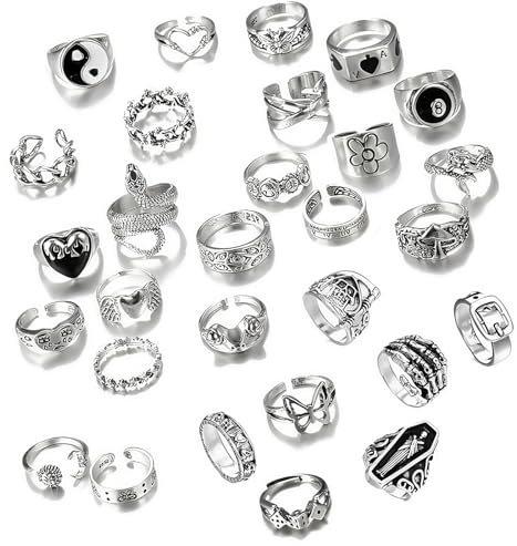 Vimmvid 29 Stück Ringe Set, Y2k Accessoires Dekorieren Emo Accessoires, Ring Set Silber Männer Und Frauen Können Schmuck Tragen, Silver Neue Muster Schädel Blumen Schlangen Usw (Silbrig)