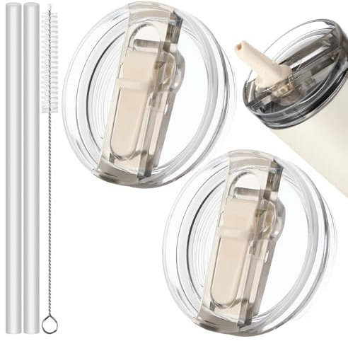 Quuylin Stanley Cup Lot de 2 couvercles de rechange, anti-fuite, avec 2 pailles et 1 brosse à paille, 1 brosse à paille, réutilisables, blancs