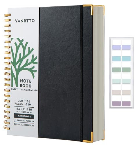 Amythe Notizbuch A4 Liniert Spiralbindung, Hardcover Tagebuch 150 Blatt / 300 Seiten Zum Schreiben, 110 G/m² College-liniertes Papier mit Register für Büro und Schule, 21 x 29.7cm, Schwarz