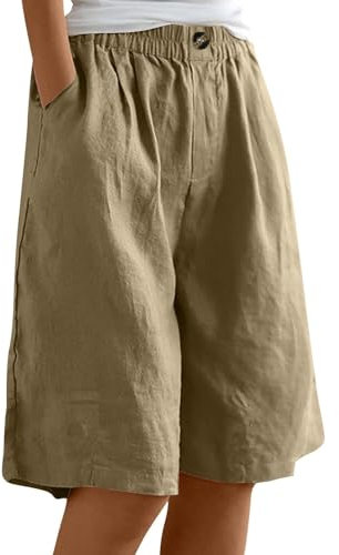 Bermuda Donna Estivi Larghi Cotone Lino Pantaloni Corti con Tasche Eleganti Curvy Pantaloncini Casual Sportivi Taglie Forti Shorts Elastico in Vita Leggeri Comodi Pantaloncino Spiaggia Baggy 2025