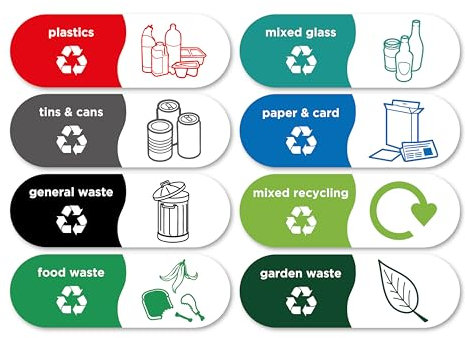 8X Recycling & General Waste Bins Stickers Self Adhesive Vinyl 150 × 50 mm Waterproof Waste Decals Removable Mixed Recycling Signs for Outdoor Kitchen Pack of 8 Trash Garbage Can Stickers White