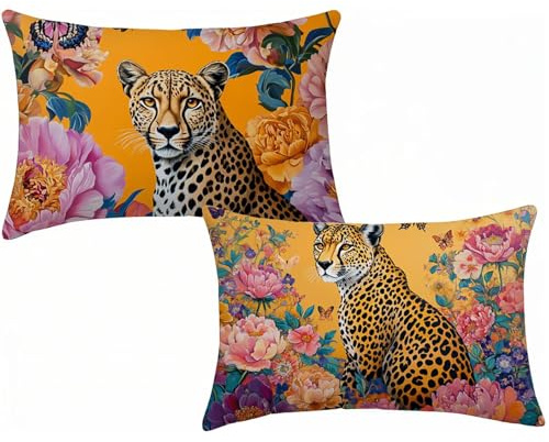 Kissenbezug 70x90 cm Outdoor Kissen Blume Sofakissen Outdoor Wasserdichte Dekokissen Samt Kissenhülle Leopard Kopfkissenbezug für Wohnzimmer Schlafzimmer Garten Sofa Couch Kissen Deko 2er Set E-645