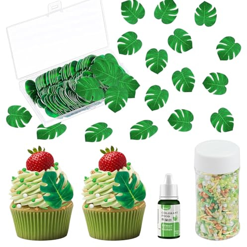 74 Stück Tortendeko Dschungel, mit Lebensmittelfarbe Tannengrün und Streudekor Dschungel Essbar, Jungle Cake Decoration, Essbare Blätter für Tortendeko, zum Backen, Kochen, Fondant