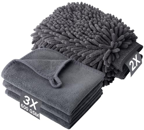 Autopflege Set 5 Stück mit 3x Trockentuch 600GSM & 2x Waschhandschuh Auto | Super saugfähiges Set aus weicher Mikrofaser,Kratzfreie Reinigung und Trocknung für Fahrzeugpflege und Haushalt