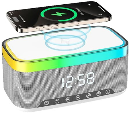 PORFOYO Digital Väckarklocka, Väckarklocka med Laddningsstation, Radioväckarklocka, Radioklocka, Digital med Bluetooth-högtalare, 6 Färger, Nattljus, 15 W, Trådlös Laddare för iPhone, Samsung
