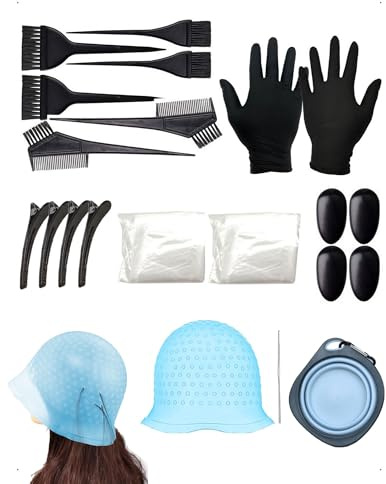 SanKristo 20 Pièces Outil Ensemble Coloration des Cheveux, Réutilisable Bol Teinture Pinceaux Bonnet À Mèches En Silicone Avec Le Crochet Cache-Oreilles Gants Pince à Cheveux Kit DIY Salon Domestique