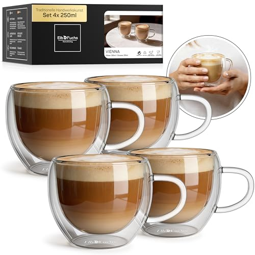 ElbFuchs Cappuccino Tassen Glas doppelwandig mit Henkel 4x 250ml Thermogläser für Cappuccino & Kaffee – isolierende Kaffeegläser mit Schwebeeffekt – spülmaschinenfest
