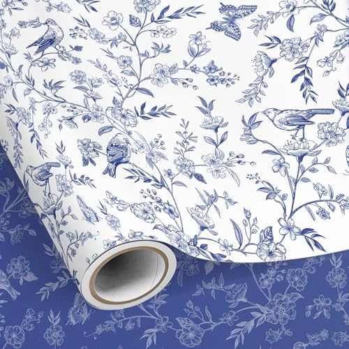 Neloheac Blue Floral Wrapping Paper Birds Roll 43cm x 10m Reversible | Double Sided Design, Vintage Style Blue Flowers Bird, Gift Wrap for Birthday Wedding Baby Shower