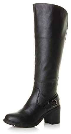 AJVANI Womens Ladies Block Chunky high Heel Wide Calf Zip Stretch Biker Knee Boots Size