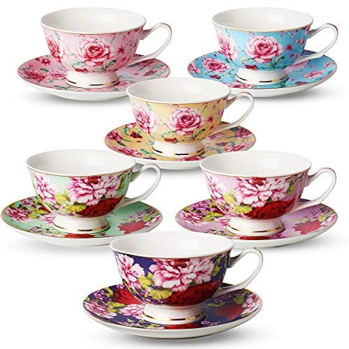 BTaT Floral Porcelain Tea Cups - Set of 6 (8oz) with Saucers, Perfect for Tea Party, Rose Teacups