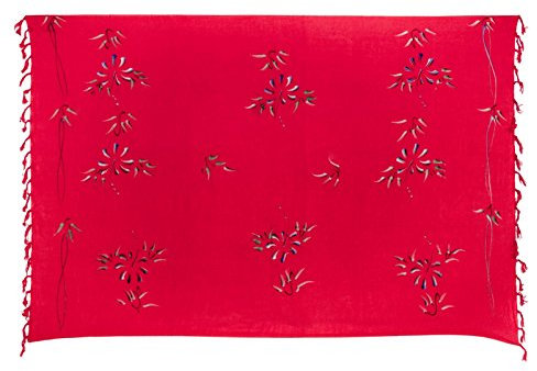 Kascha Sarong Pareo Wickelrock Strandtuch Tuch Wickeltuch Handtuch - Blickdicht - ca. 170cm x 110cm - Rot mit Blumen Motiv Handgefertigt inkl. Kokos Schnalle in Rauteform