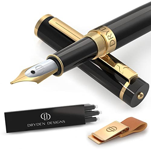 Dryden Designs Fountain Pen and Sleeve PU Leather Clips - Medium Nib 0.5mm | Includes 6 Ink Cartridges (3 Black, 3 Blue) and Ink Refill Converter - Black