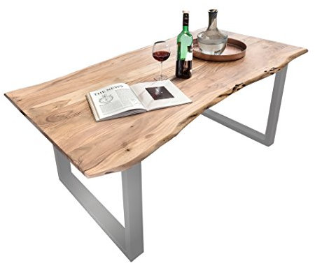 SAM Esszimmer-Tisch Mephisto 200 x 100 cm aus Akazie-Holz, Esstisch mit Silber lackierten Beinen aus Roheisen, naturbelassene Optik mit Einer Baum-Kanten Tischplatte