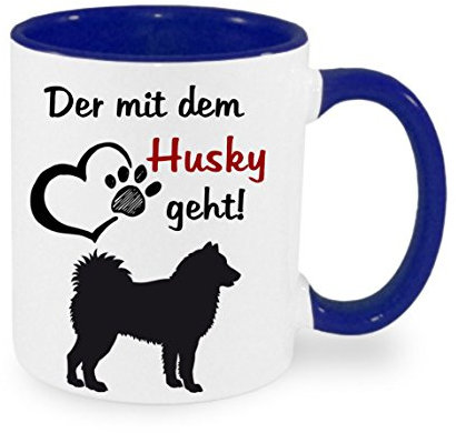 Der mit dem Husky geht - Kaffeetasse mit Motiv, Tasse mit Druck, auch individuell mit Spruch, Foto, Wunschtext, Wunschname (blau)
