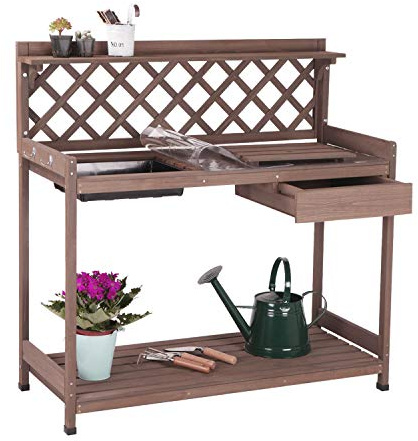 Aivituvin Potting Bench with PVC Layer, Outdoor Gardening Work Bench with Sink & Lid, Wooden Planting Table for Outside with Storage, Drawer, Shelf, Hook