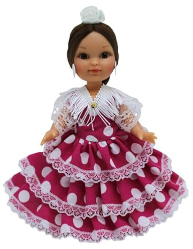 Folk Artesanía Regionale Puppe Kollektion 25 cm mit typischem Andalusia-Kleid mit spanischer Blume (Rosa Punkt)