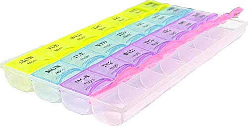 REQUISITE NEEDS Weekly Pill Box 7 Day 28 Compartments Tablet Organiser with Labels for Medicines Supplements, Vitamins, Cod Liver Oil