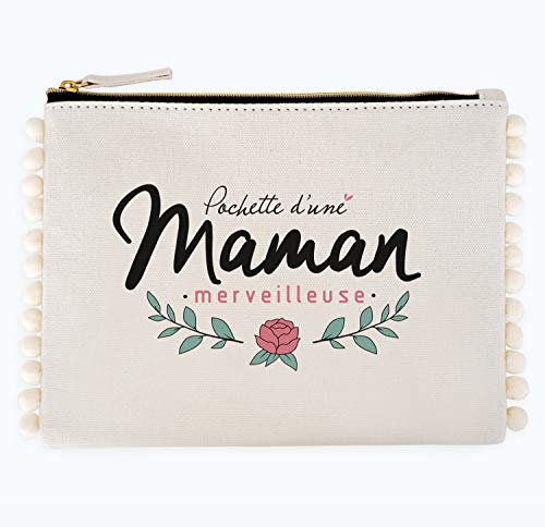 Manahia Pochette Pompon Cadeau Maman - Pochette d'une Maman Merveilleuse - Trousse Maman en Coton - Fête des Mères - Annonce Grossesse Maman - Cadeau Noël,Anniversaire Maman