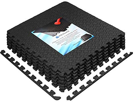 REALIKE Gymnastikmatten Schutzmatten Fitness Puzzlematte 60cm X 60cm Bodenkissen Schaumfliesen Ineinandergreifende Schaumstoffmatte für Fitnessmatte Black Color 6 Stück