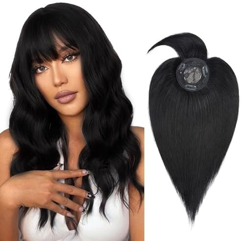 Haarteile Echthaar Clip in Extensions Echthaar Topper Extensions Echthaar mit Pony(11cm lang) Toupet Haarverdickung Glatt Haarverlängerung 7A Real Human Hair 25cm-32g 01# Rabenschwarz