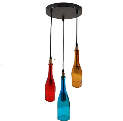 LEDSone 3 Head Wine Bottle Glass Pendant Light, Creative Retro Chandelier for Cafe Restaurant Kitchen Island Bar Dining Room Bar (Multi Colour)