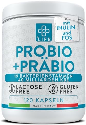 Probiotika zur Darmsanierung mit Präbiotika 120 Kapseln PiùLife 40 Milliarden CFU darmkur entgiftung, Probiotische Milchfermente aus 20 Stämmen, Darm-Probiotika mit Inulin und FOS, Bauchblähung