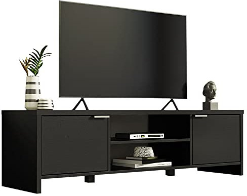 Madesa Mueble de TV Moderno, Mesa de Salón con 2 Estantes y 2 Puertas con Gran Almacenaje, para Televisores de hasta 65 Pulgadas, 145 x 38 x 40 cm, Madera - Negro
