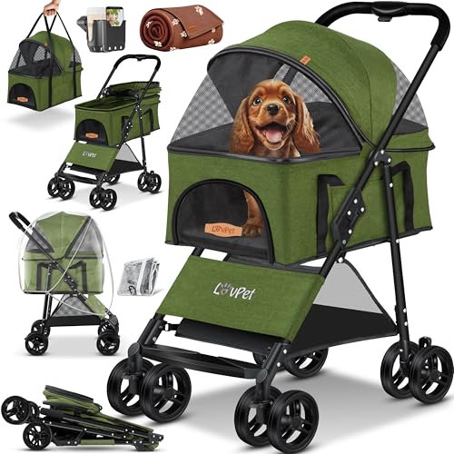 LOVPET® Hundewagen 2in1 Hundebuggy Hundebox Tragetasche Faltbar klappbar bis 20kg, mit 360°Drehrädern Inkl. Netzfenstern Getränkehalter, Regenschutzabdeckung & Kuscheldecke, Jogger Buggy für Haustiere