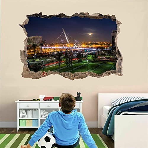 Stadt 3D Durchbruch Wandtattoo Mädchen Kinderzimmer Nachtlandschaft Wandaufkleber Dekorative Wandsticker Vinyl Wandaufkleber für Junge Teenager Zimmer Wohnzimmer Schlafzimmer Wandbilder Deko