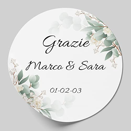 36 Etichette adesive personalizzate da 5 cm per matrimonio, compleanno, comunione, nascite, battesimie feste. Adesivi con testo personalizzabile (5 cm, Modello G)