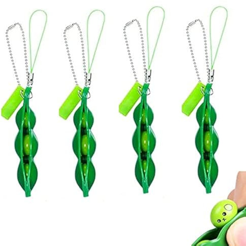 4 Stück Squeeze Bean Schlüsselanhänger,Squeeze Edamame Squeeze Bean Keychain Bohnen-Fidget,für Erwachsene Kinder