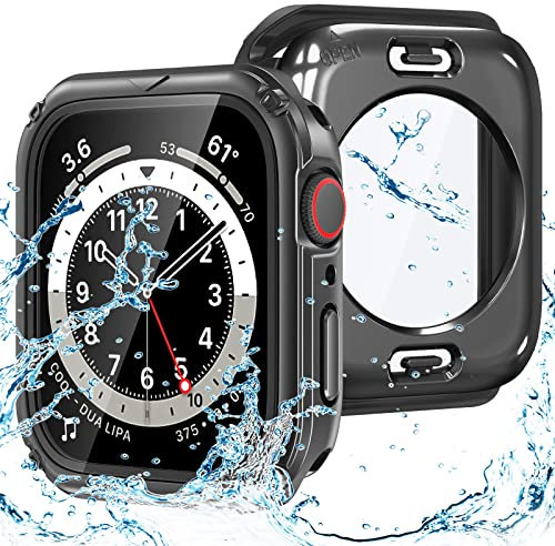 Goton 2 in 1 wasserdichte robuste Smartwatch Hülle für Apple Watch Displayschutzfolie 40mm Series 6 5 4 SE, 360 Schutzglas Gesichtsabdeckung Hard PC Bumper + Rückrahmen für iWatch Zubehör 40mm Schwarz