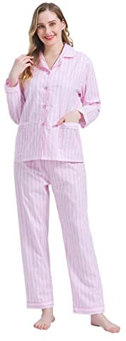 Amaxer Femmes Deux Pièces Pyjama Coton Pyjama Set Manches Longues Nightwear Home Suit Sleepwear et Pyjama Pants Lounge Sets,Rayures Roses,L