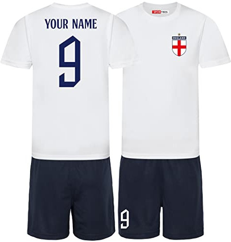 Sportees Personalised Unisex Kids England Football Kit - White & Navy Blue World Cup Home Jersey and Shorts - 7/8 Years