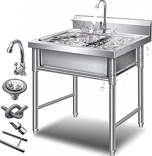 Évier INOX Cuisine 1 Bac Évier sur Pieds en Acier INOX Lavabo Commercial De Cuisine, Évier avec Déflecteur Haut, Support Renforcé, 50X50x80cm