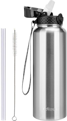 GOPPUS Bouteille d'eau en Acier Inoxydable 1,2L/40oz à Double Paroi Isolée Étanche pour l'eau Chaude et Froide avec Paille et Couvercle Rabattable pour Adulte - Voyage, Sport