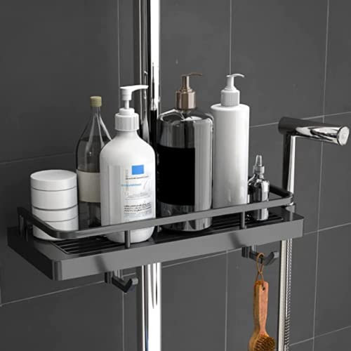 Estanteria Ducha sin Taladro - Soporte Colgante para Accesorios de Baño con 2 Ganchos y Bandeja de Ducha, Adecuado para Barras de Ducha de 20mm-25mm (Negro Mate) Estante rectangular.