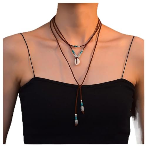 Dishowme 2Pcs Leather Choker Necklace Bohemian Turquoise Shell Necklace Chain PU Rope Beads Jewelry for Women Girls