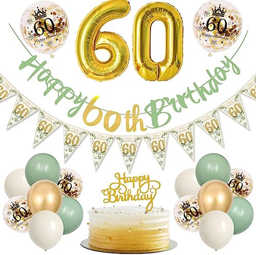 60. Geburtstag Mädchen Deko Set - Grün Gold Luftballon Mit Wimpelkette Banner für Frauen Und Mann