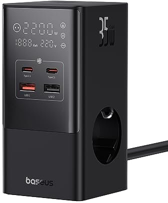 Baseus 35W USB C Steckdosenleiste GaN5 3-Fach Steckdose mit Schalter, 3 AC + 2 + 2 USB-A, Tragbar PD-Ladegerät für MacBook, iPad, iPhone 15/14/13/12, Galaxy, Spiel, Zuhause, Büro