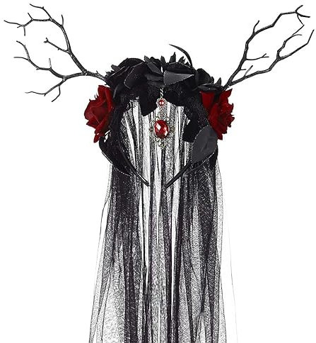 Vakkery Halloween Geweih Haarreif Blumen Stirnband mit Schleier Schwarz Tag der Toten Kopfschmuck Karneval Festival Halloween Party Haarschmuck für Damen