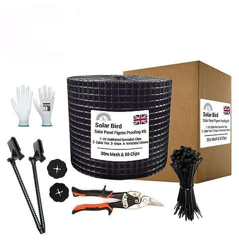 SOLAR BIRD Proofing Mesh with 50 Clips full kit for preention and control of pigeon nesting under roof solar panel (Black PVC 30M)