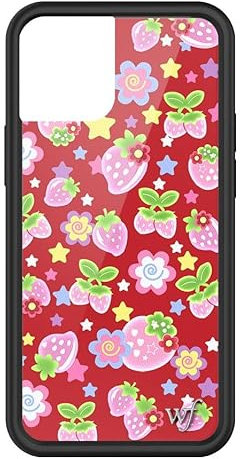 Wildflower Star-Berries-Hülle, kompatibel mit Apple iPhone 13 Mini, Rosa, Weiß, Rot, trendy, Obst, Blumenmuster, schützender schwarzer Stoßfänger, 1,2 m Falltest-zertifiziert, kleines Unternehmen im