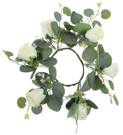 Abaodam Kerzengirlande Blumenkranz Künstlich Kerzenkranz Ringe Kerzenhalter Kranz Kerzenringe Kerzenhalter Blumen Stumpenkerzenringe Kränze Sommerkranz Rose Eukalyptus Weiß Sport