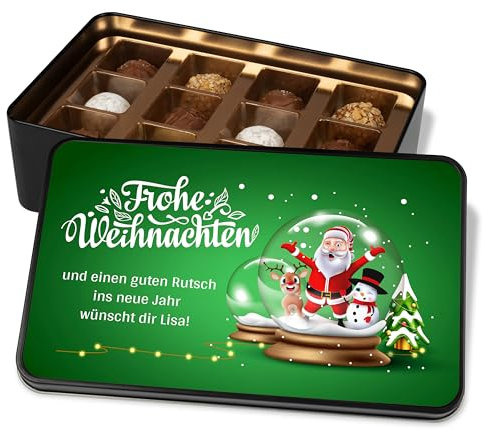 Pralinendose personalisiert „Frohe Weihnachten“ mit Schneekugel-Motiv - 12 Confiserie-Pralinen in Metalldose – Schokolade Geschenk zum Weihnachtsfest