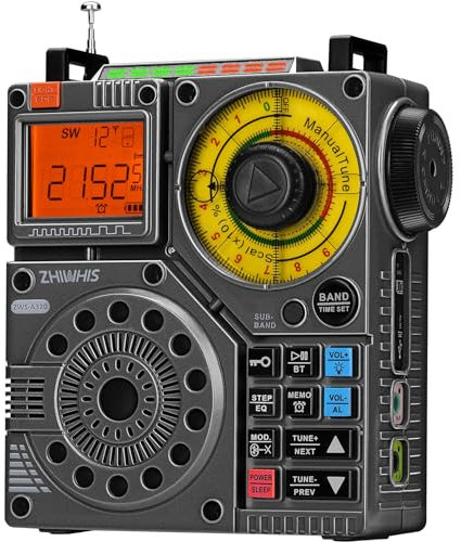 ZHIWHIS Radio de onda corta con Bluetooth y control de aplicación, AM FM VHF SW WB, receptor portátil, Super Bajos/5 tipos de efectos de luz/6 ecualizadores/grabación estéreo recargable de emergencia