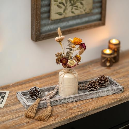 Romadedi Rustic Decorative Wood Candle Tray - 17 Wooden Long Narrow Tray Candle Holder, Farmhouse Small Trays for Coffee Table Centerpieces Dining Room Kitchen Countertop Home Decor, Whitewashed